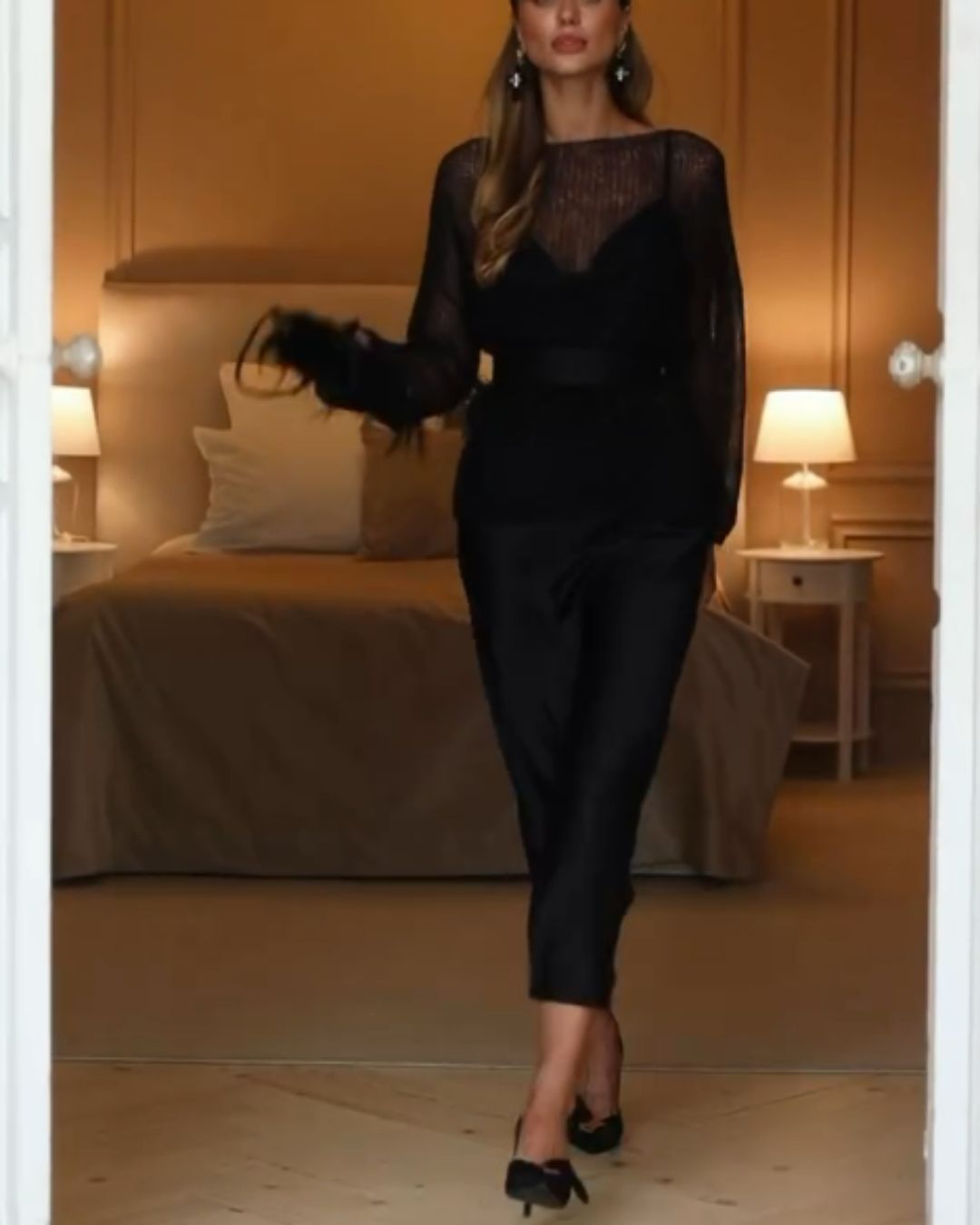 Black Mesh-Panel Long-Sleeve Two-Piece Maxi Set