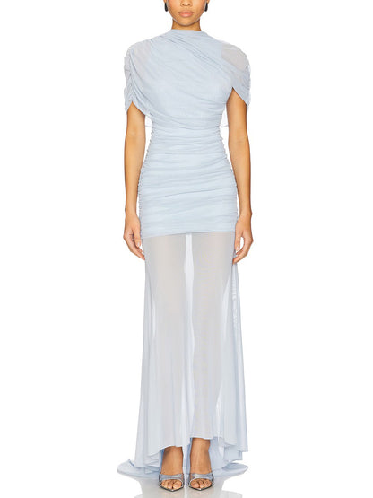 Elegant Ruched Sheer Panel Short-Sleeve Maxi Dress