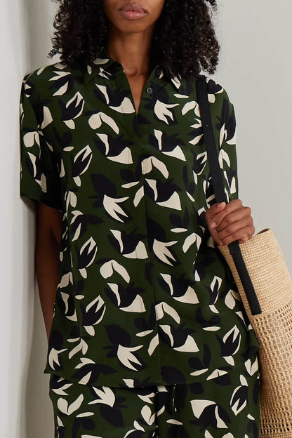 Unique Floral Print Satin Elastic Waist Straight Leg Pants