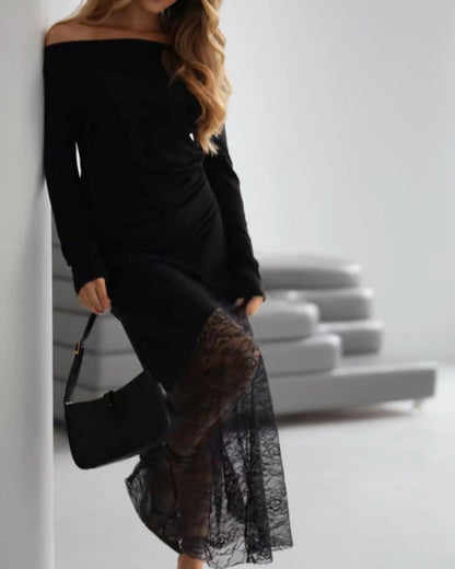 Off-Shoulder Lace Panel Long-Sleeve Waist Dress
