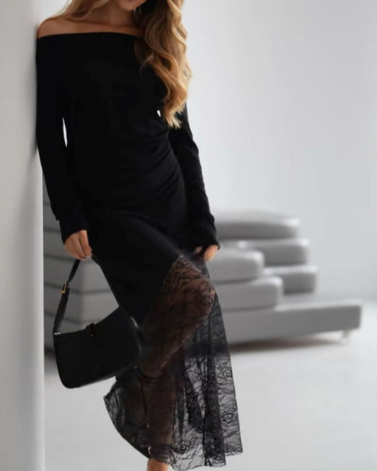 Off-Shoulder Lace Panel Long-Sleeve Waist Dress
