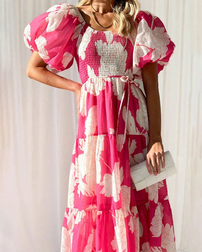 Elegant printed one-shoulder puff-sleeve dress