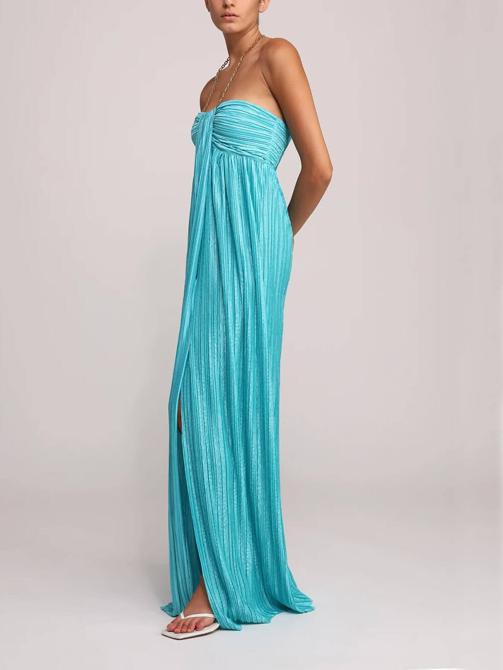 Elegant Pleated Halter Off-the-Shoulder Slit Maxi Dress