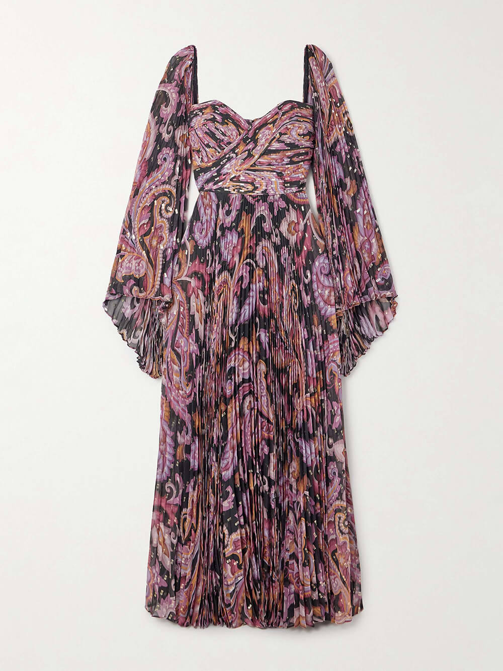 Exquisite Printed Metallic Pleated Chiffon Trumpet Sleeve Maxi Dress