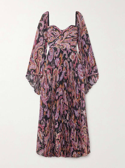 Exquisite Printed Metallic Pleated Chiffon Trumpet Sleeve Maxi Dress