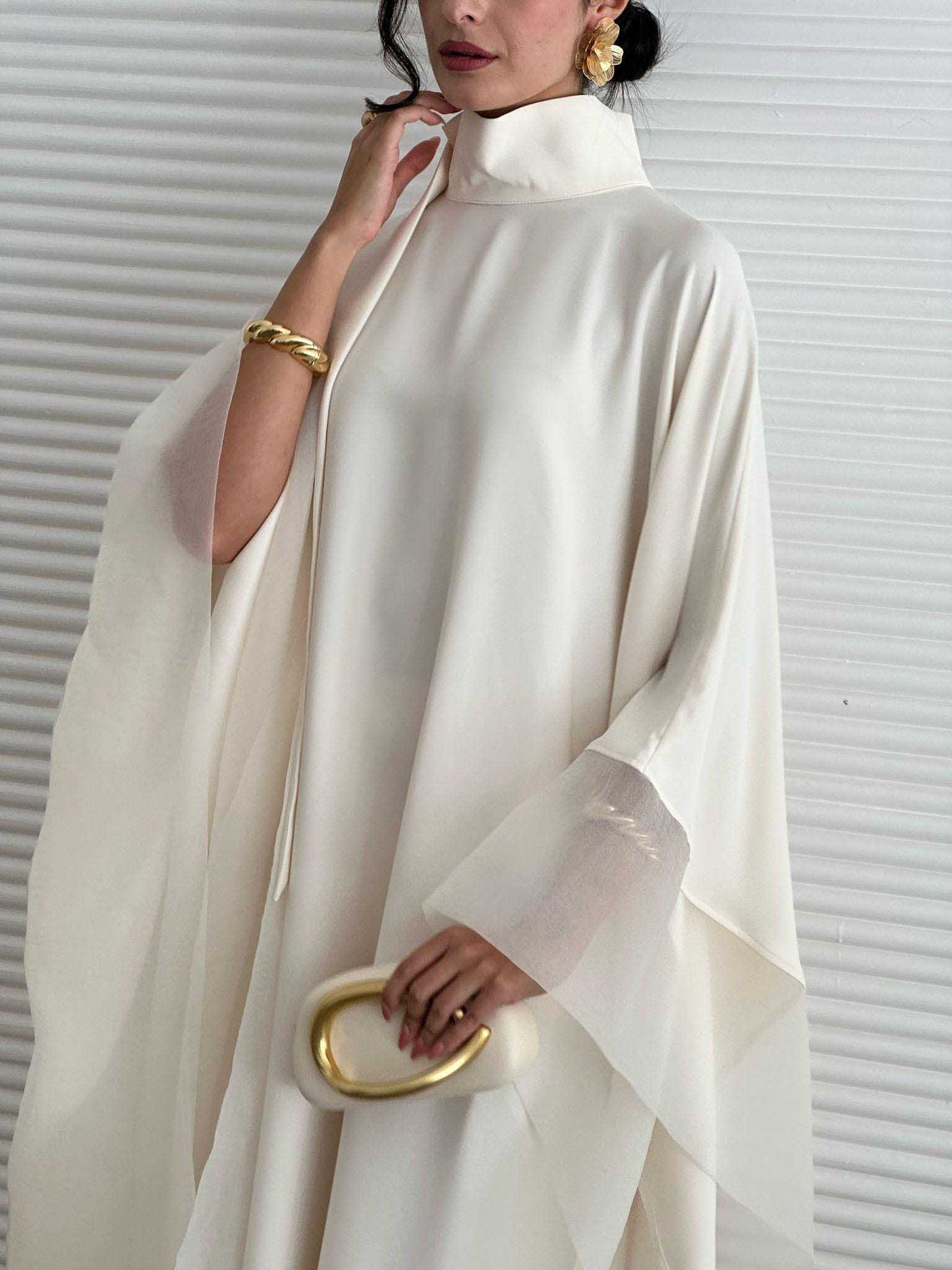Elegant High-Neck Flowing Cape Maxi Dress