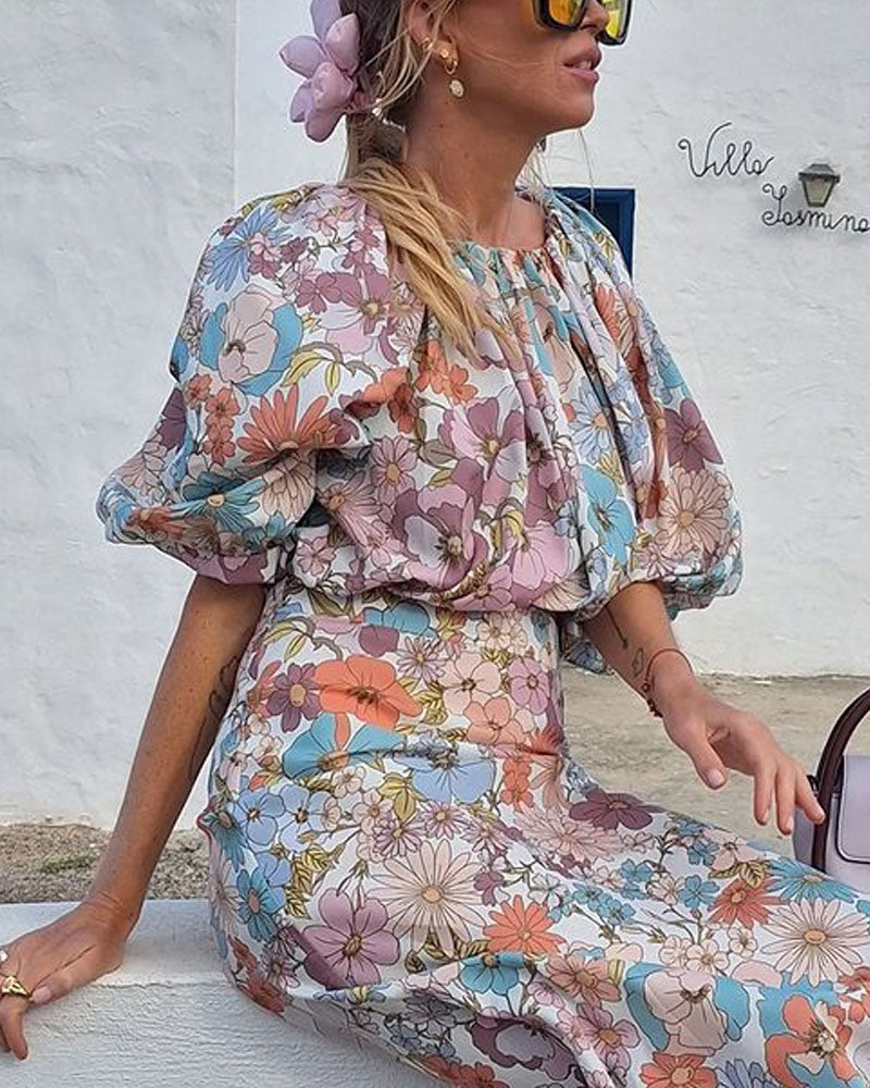 Holiday Floral Print Top & Skirt Two-Piece Set