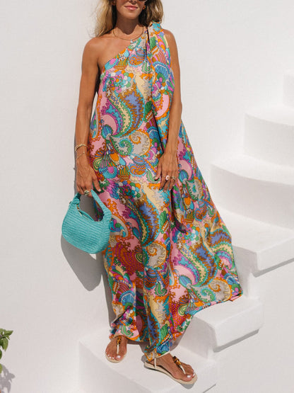 Elegant Breeze Satin Unique Print Bow One Shoulder Loose Maxi Dress