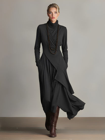 Elegant High-Neck Draped Asymmetrical Maxi Dress