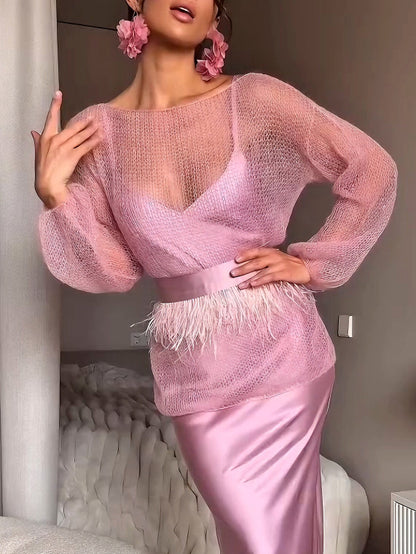 Elegant Thin Feather Trim Belted Sweater