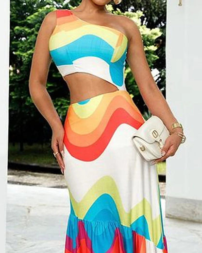 Fashionable Piece-Shoulder Cut-Out Rainbow Print Dress