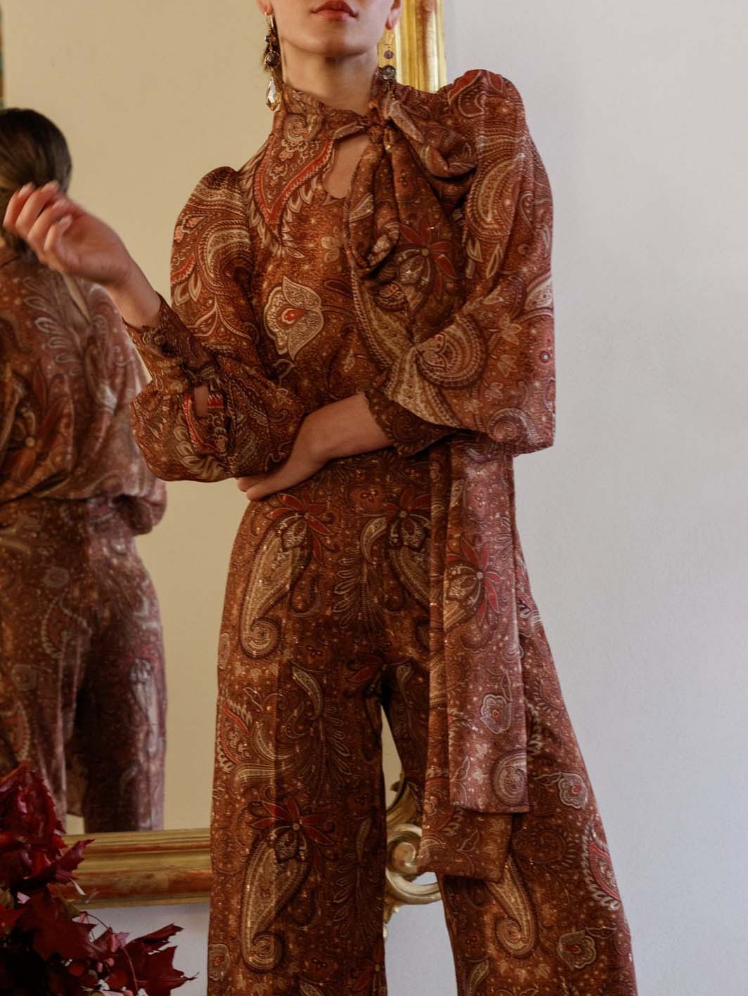 Retro Paisley Print Slim-Fit Wide-Leg Pants