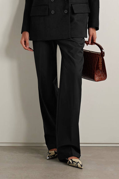 Exquisite Double-Breasted Contrast-Back Twill Blazer Aad High-Waist Straight-Leg Pants Set