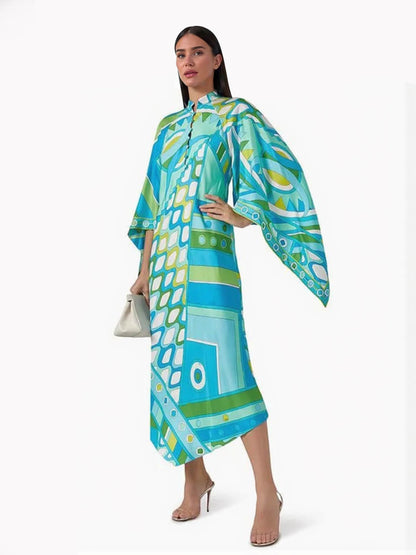 Elegant Button-Up Stand Collar Printed Loose Flared Asymmetrical Midi Dress