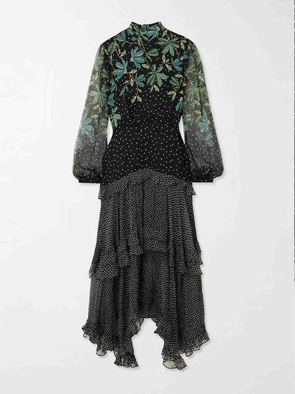 Exquisite Polka Dot Floral Print Ruffled Midi Dress