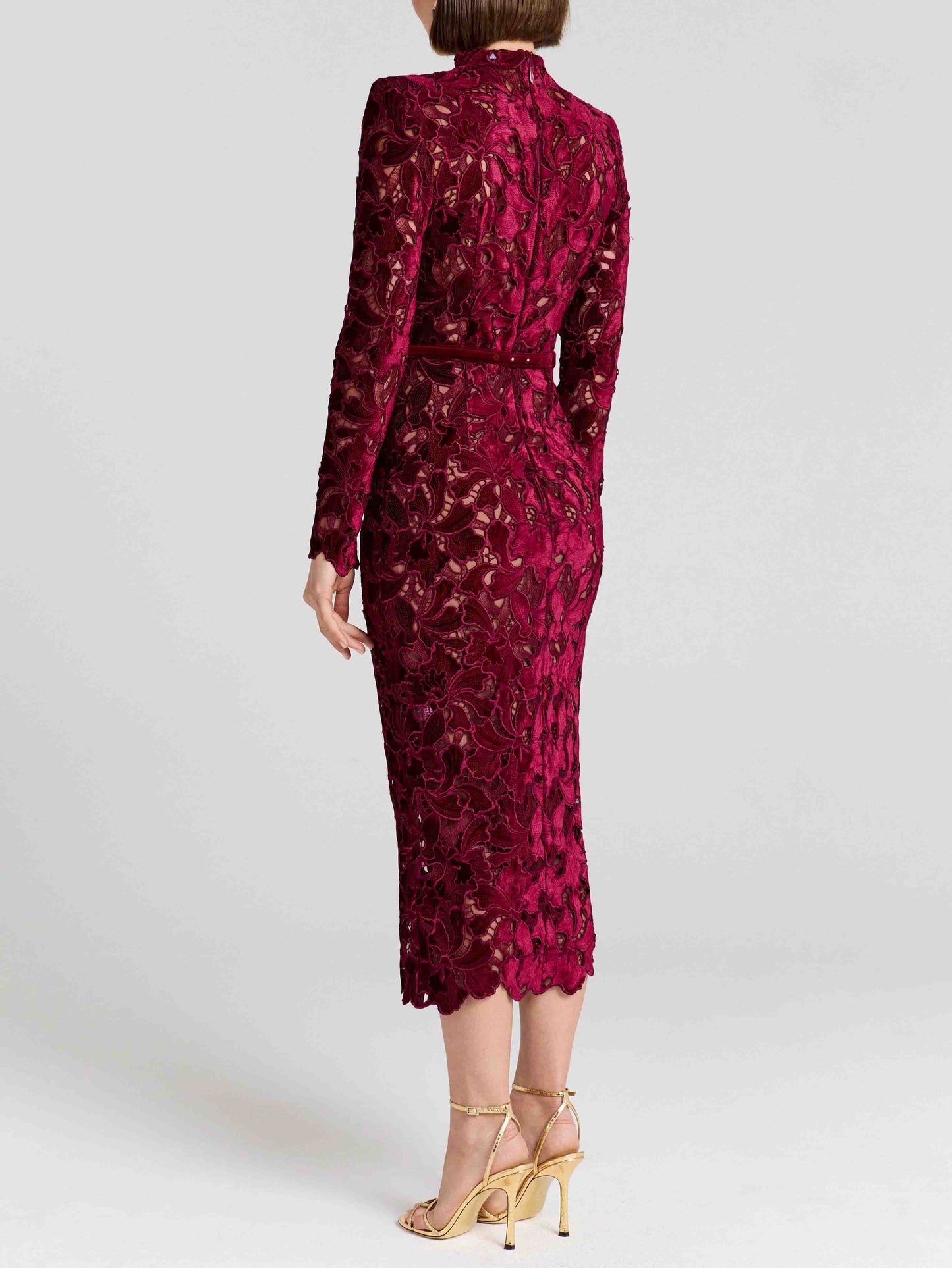 Elegant Embroidered Lace High-Neck Midi Dress