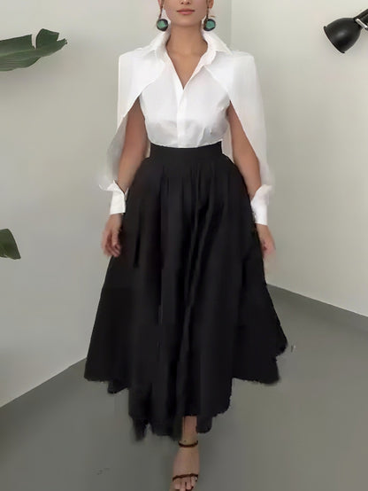 Elegant Cape-Shoulder Shirt And Asymmetrical A-Line Midi Skirt Set