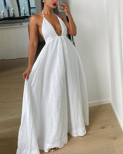 Deep V-neck lace-up cotton and linen dress