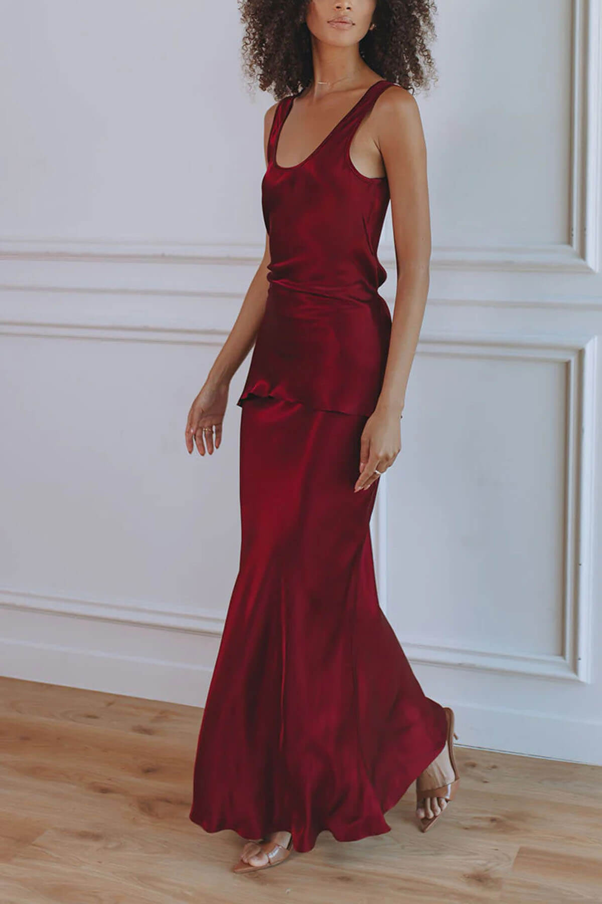 Elegant Asymmetrical Round Neck Satin Top and Fishtail Skirt Set