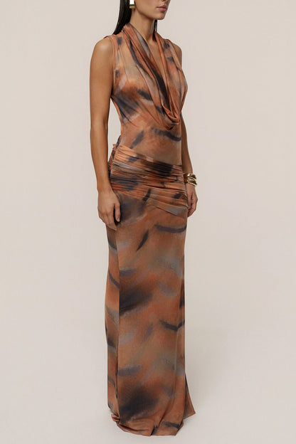 Elegant Abstract Print Draped Neckline Maxi Dress