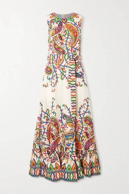 Casual Satin Tie-Up Printed Ruched Maxi Dress