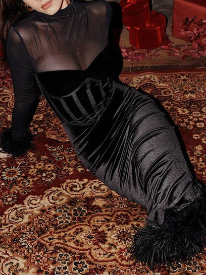 Mesh Patchwork Velvet Corset Dress