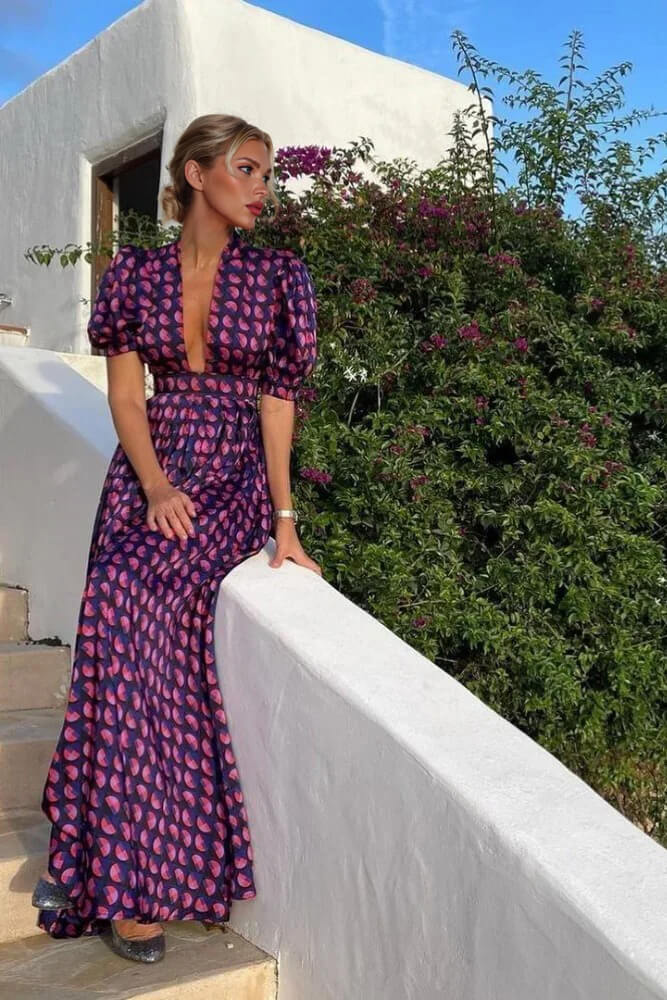 Retro Floral Printed Puff Sleeve Loose A-Line Maxi Dress