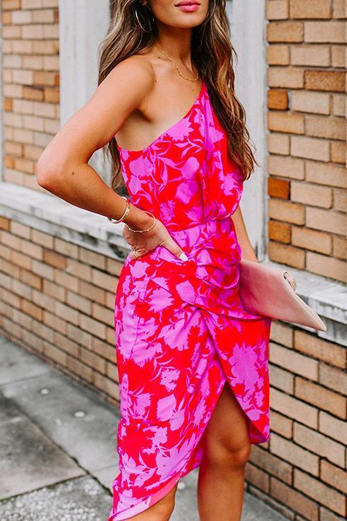 Casual One Shoulder Printed Tulip Hem Dress