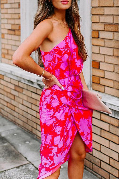 Casual One Shoulder Printed Tulip Hem Dress