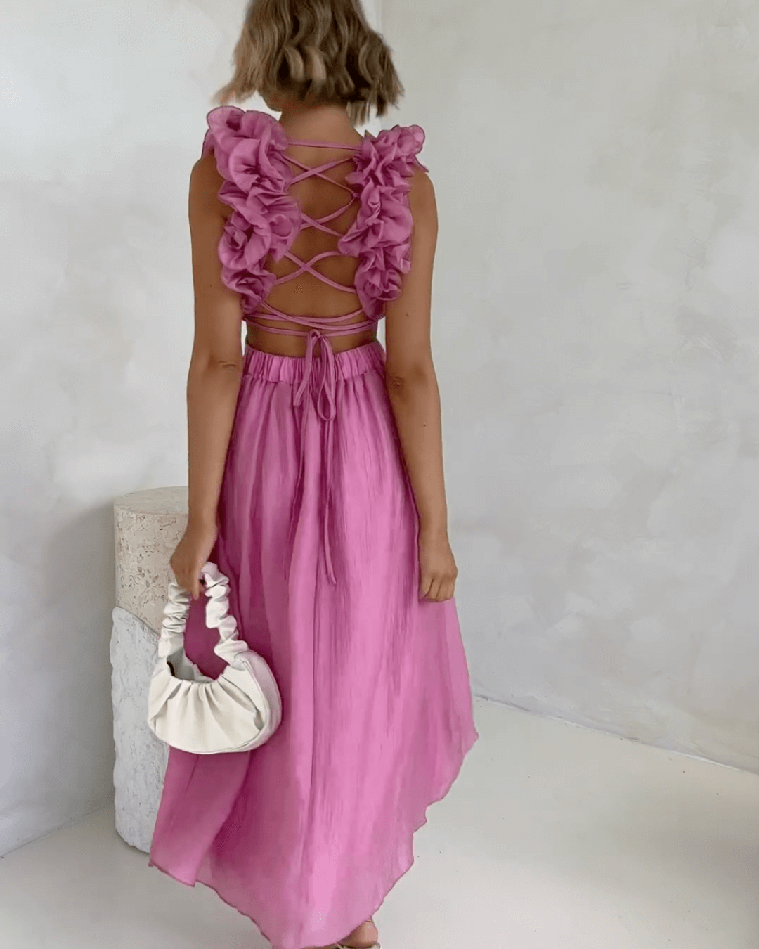 Floral Ruffle Detail Back Lace-Up Elastic Waist Maxi Dress