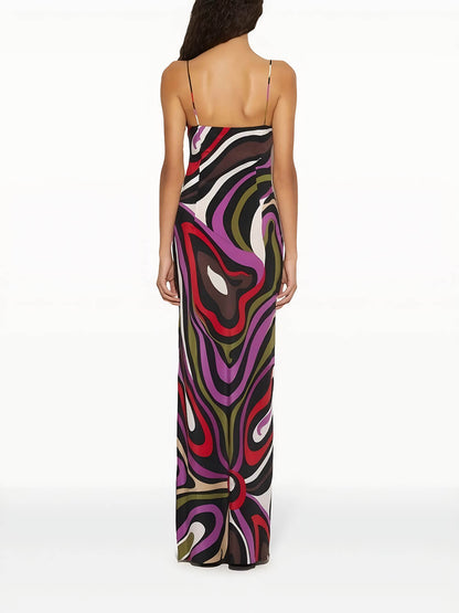 Retro Printed Satin Backless Maxi Dress
