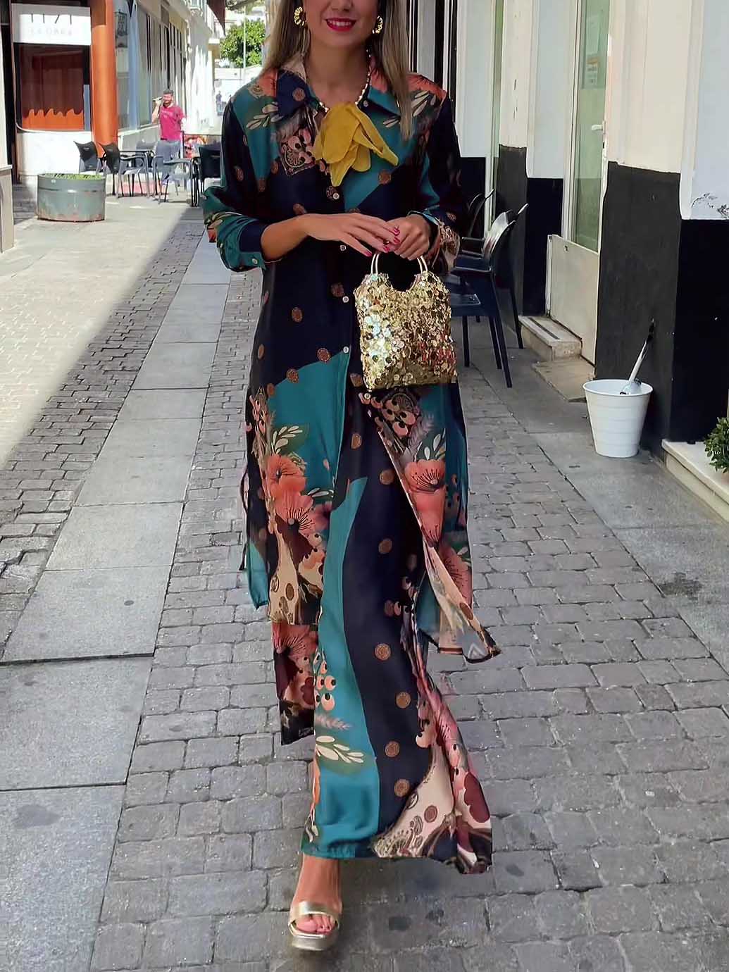 Elegant Satin Floral Print Wide-leg Pants