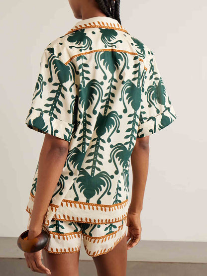 Casual Tropical Print Short-Sleeve Shirt And Shorts Two-Piece Set