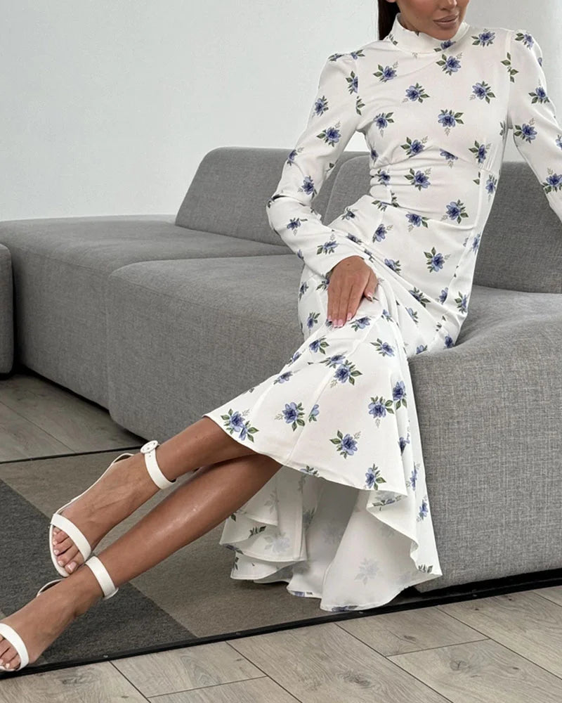 Elegant Half-Collar Floral Print Dress