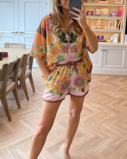 Floral Print Short Set Pink Two-piece Suit