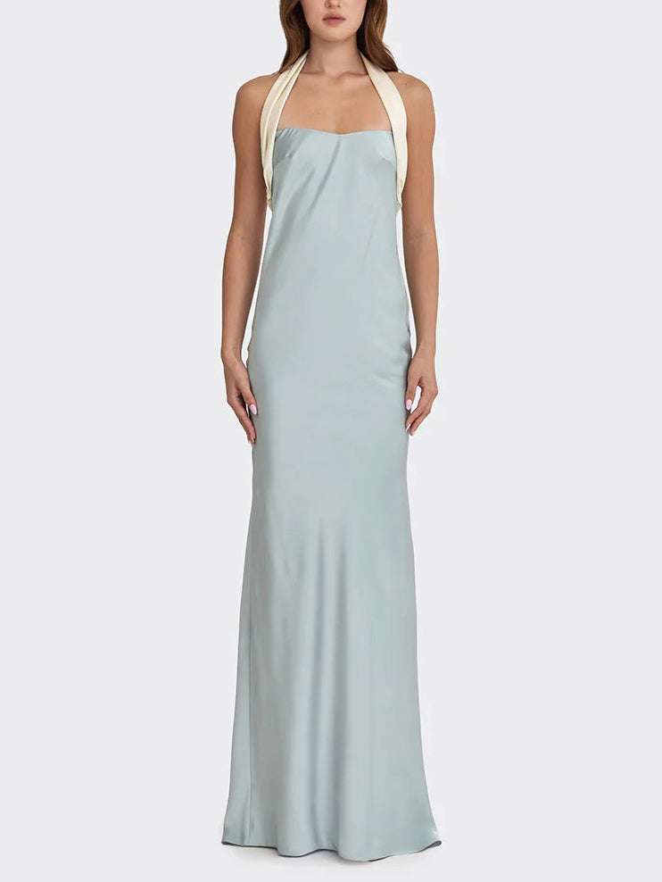 Elegant Satin Contrast Halter Neck Party Maxi Dress