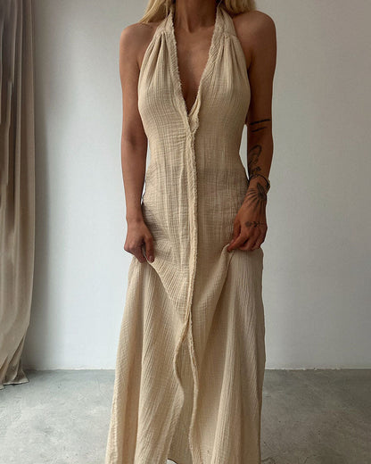 Elegant V-neck lace-up cotton and linen dress