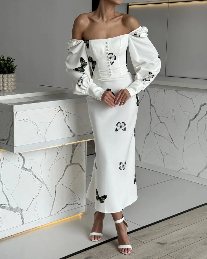 Elegant Square Neck Butterfly Print Fishtail Dress
