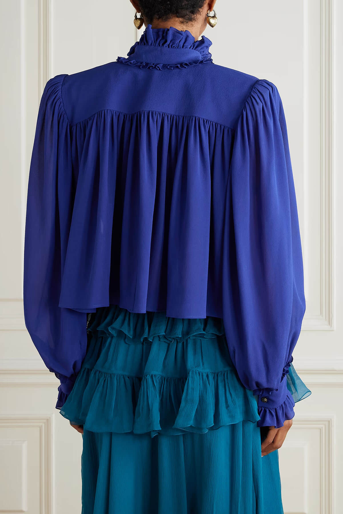 Exquisite High-Neck Ruffle Pleated Chiffon Loose Blouse
