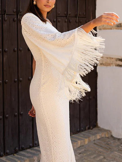 Elegant One-Shoulder Tassel Sleeve Midi Dress