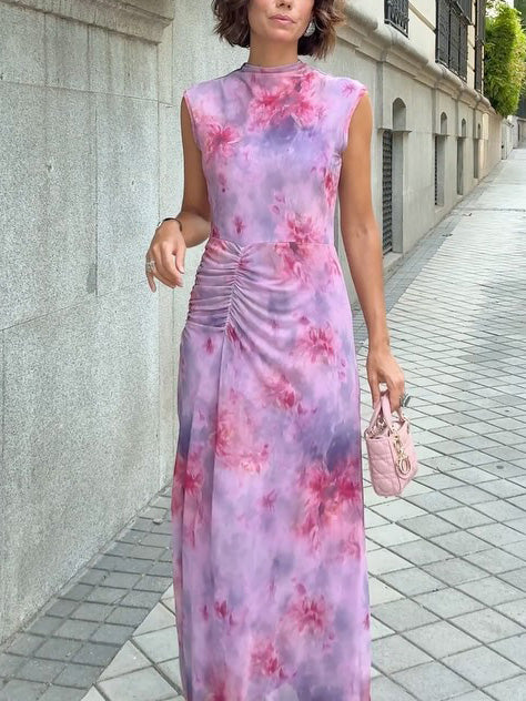 Retro Gradient Floral Mesh Print Slim Maxi Dress