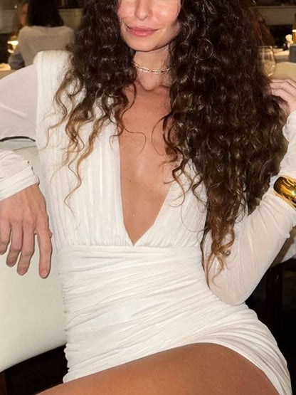 Deep V-neck Pleated Long Sleeve Mini Dress