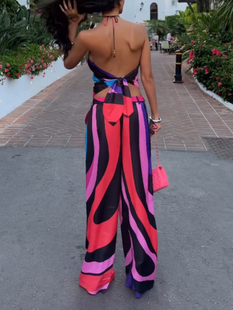 Vibrant Geometric Colorblock Backless Two-piece Suit