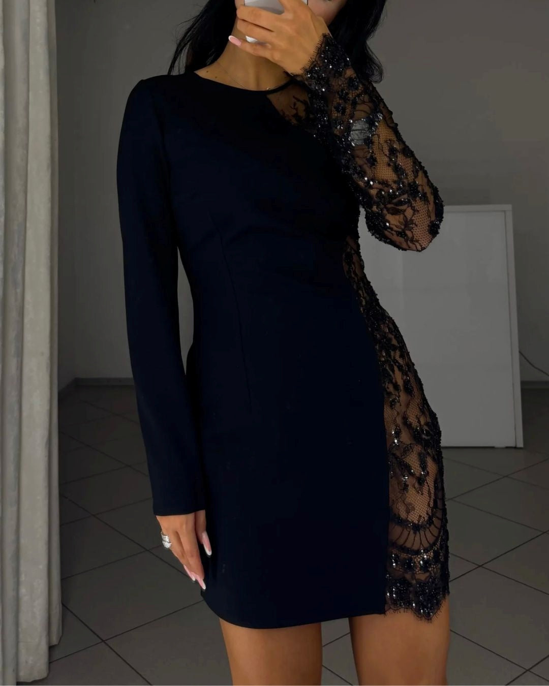 Black Asymmetric Lace-Panel Long-Sleeve Mini Dress