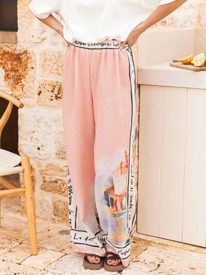 Unique Casual Printed Elastic Waist Wide Leg Pants