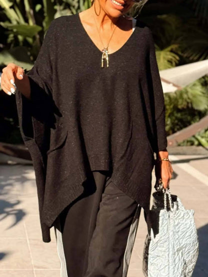 Classic Fashion V-neck Loose Pocket Mid-length Knitted Sweater