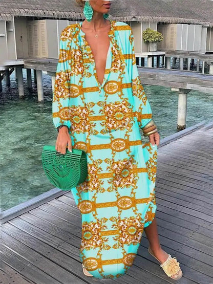 Bohemian V-Neck Printed Maxi Dress