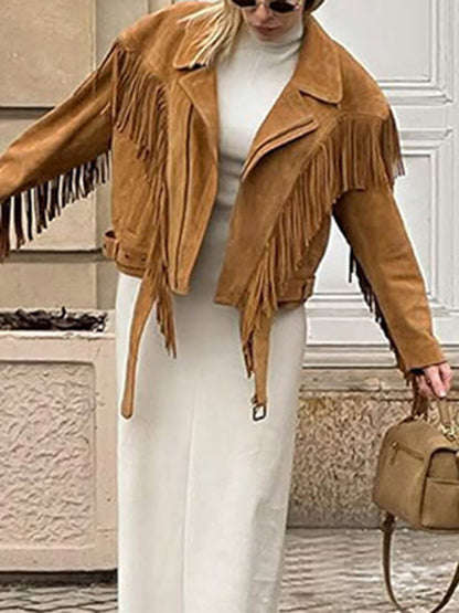Retro Chic Fringe Suede-Look Wide-Shoulder Jacket