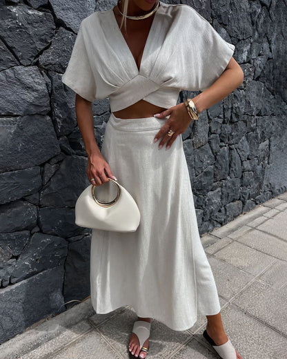 Casual Solid V-Neck Top & Skirt Two-Piece Set