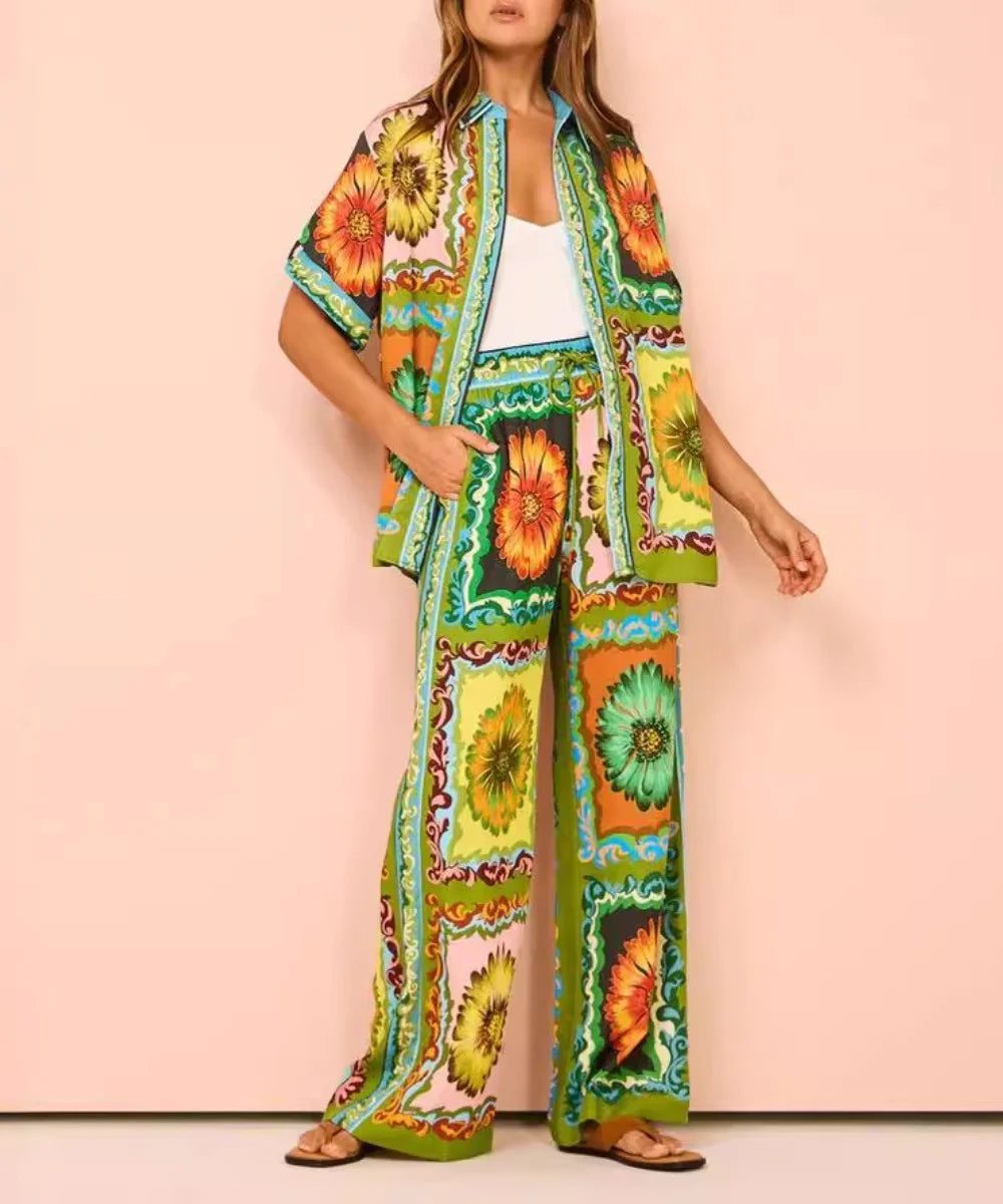 Contrast Flowers Casual Trousers Two -piece Suit